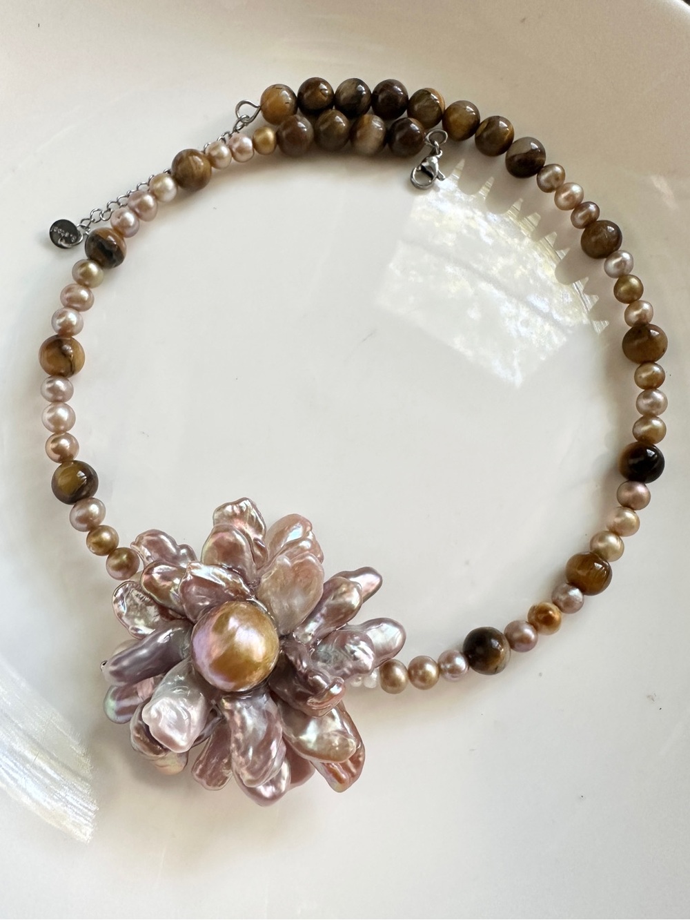 Handcrafted Tiger Eye and Genuine Pearl Flower Necklace